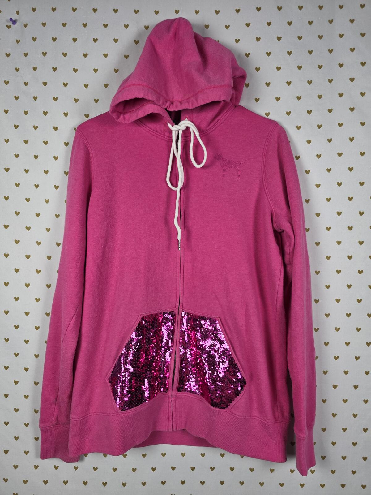 Victorias Secret Pink BLING Full Zip Sequined Logo Hoodie Jacket VINTAGE y2k MED