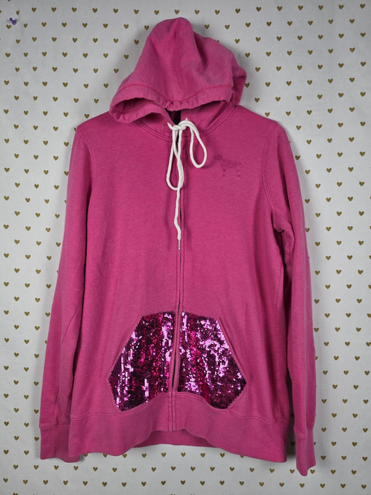 Victorias Secret Pink BLING Full Zip Sequined Logo Hoodie Jacket VINTAGE y2k MED