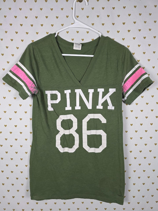 Victorias Secret PINK Green Vintage 86 Y2k V Neck Tee shirt LARGE