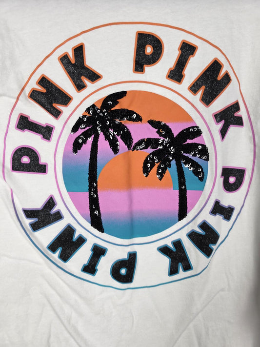 Victorias Secret PINK HTF Rare PALM BLING Crest Logo Long sleeve Tee shirt SMALL