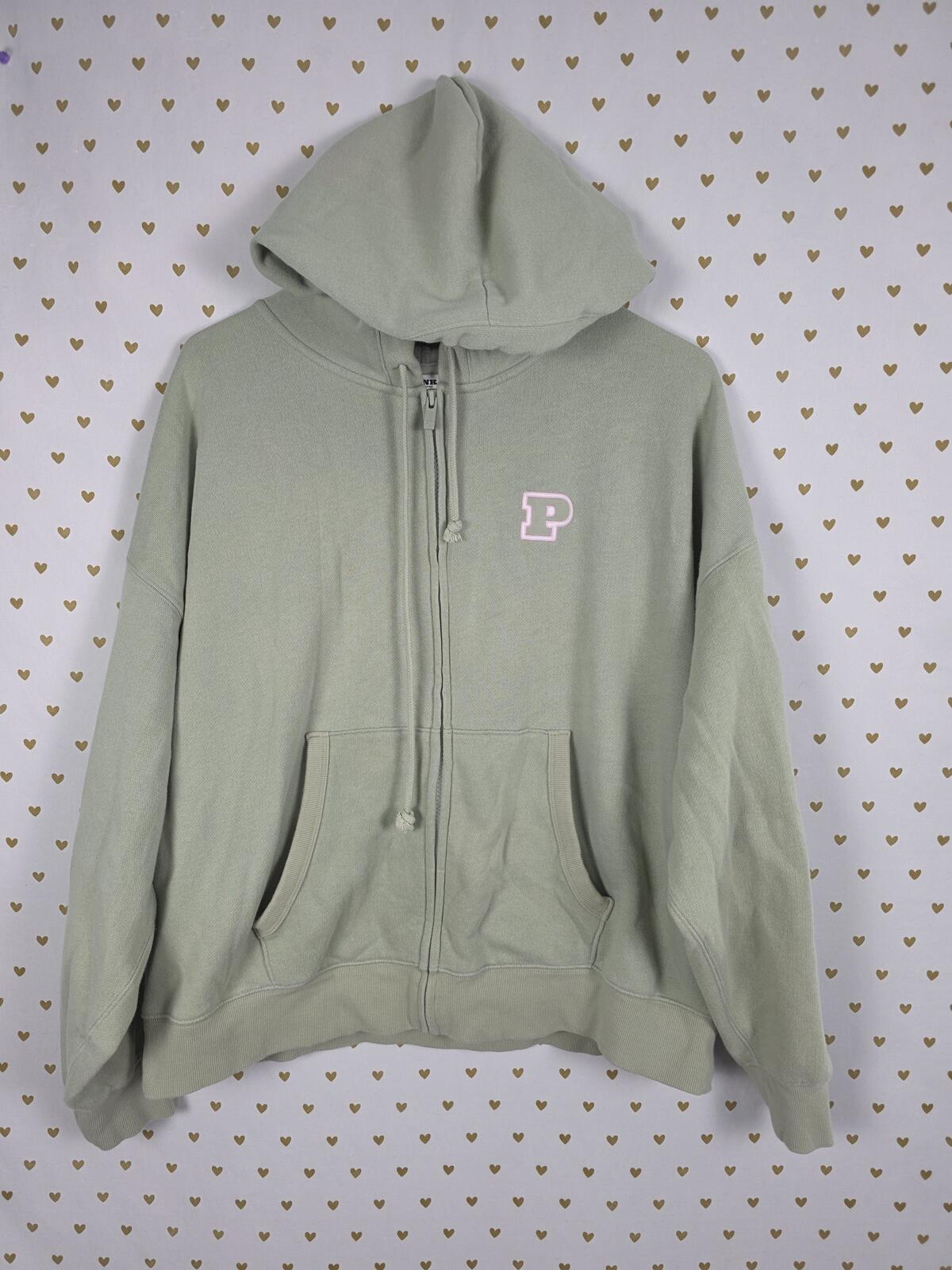 Victorias Secret Pink Logo Full zip sage green hoodie jacket LARGE