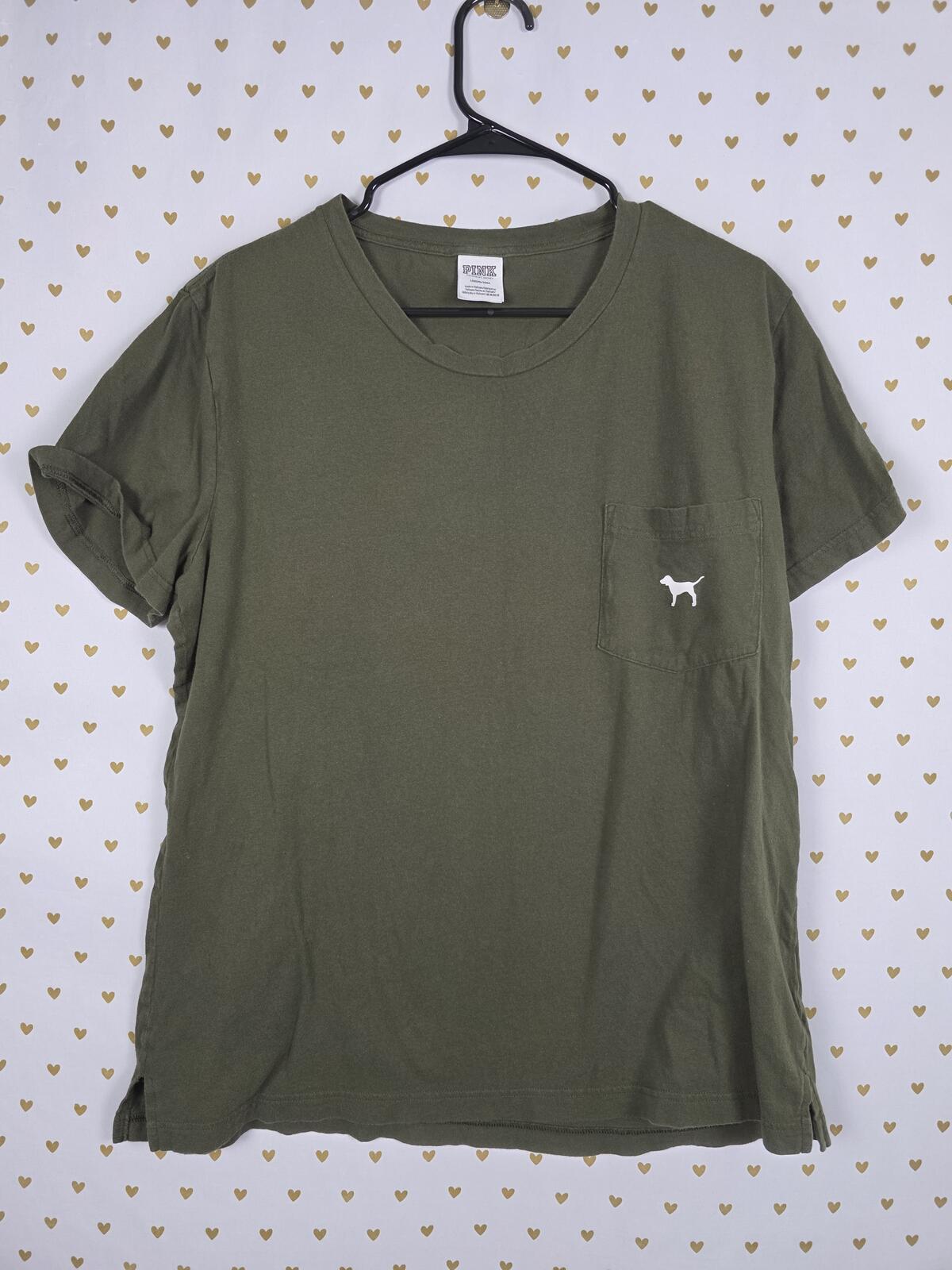 Victorias Secret PINK Leopard Cheetah pocket Green Tee shirt logo back LARGE