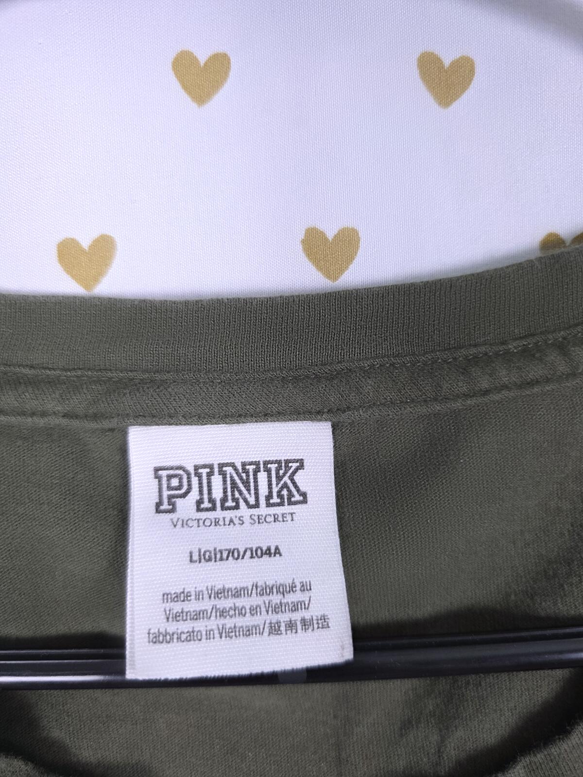 Victorias Secret PINK Leopard Cheetah pocket Green Tee shirt logo back LARGE