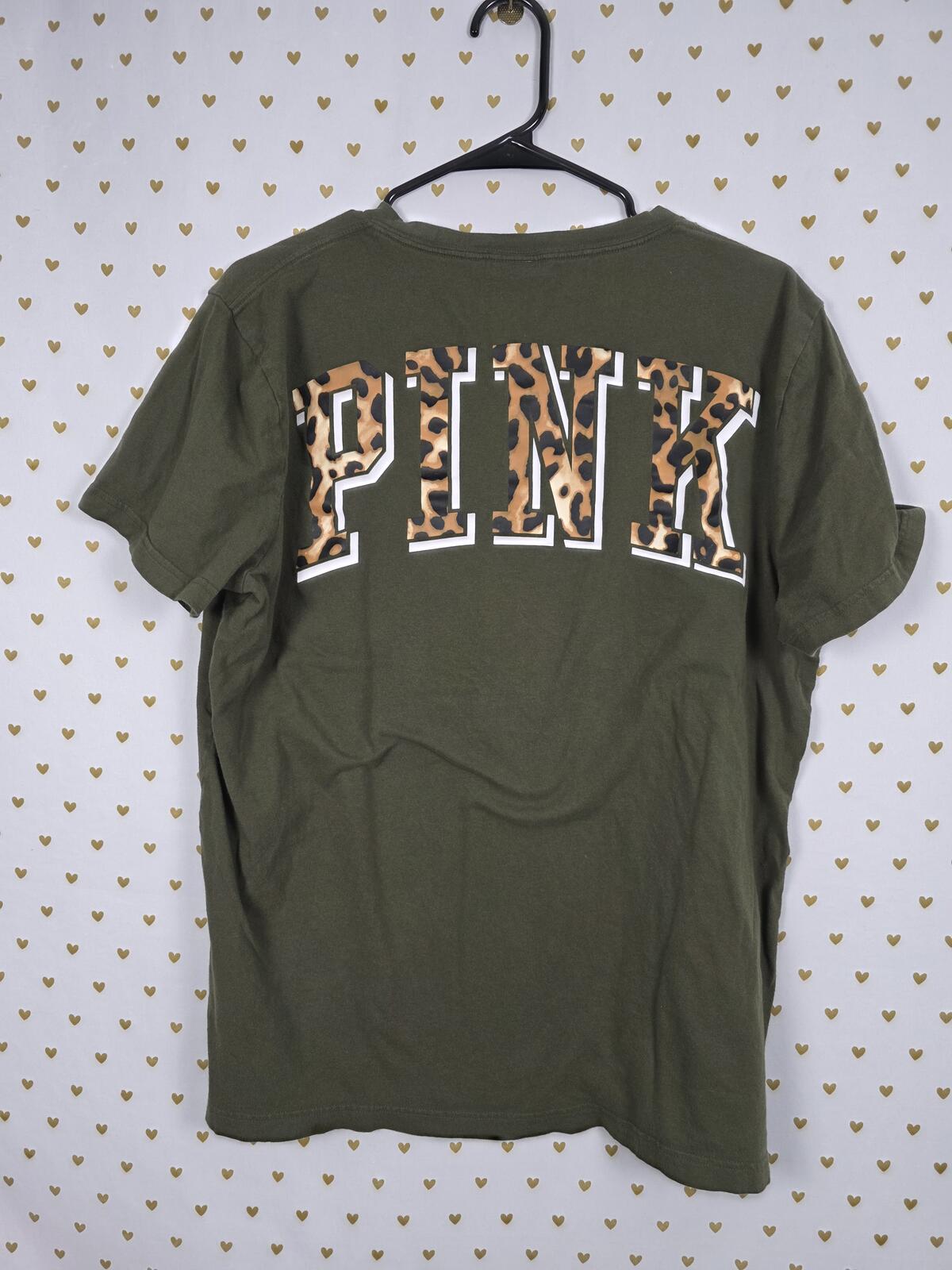Victorias Secret PINK Leopard Cheetah pocket Green Tee shirt logo back LARGE