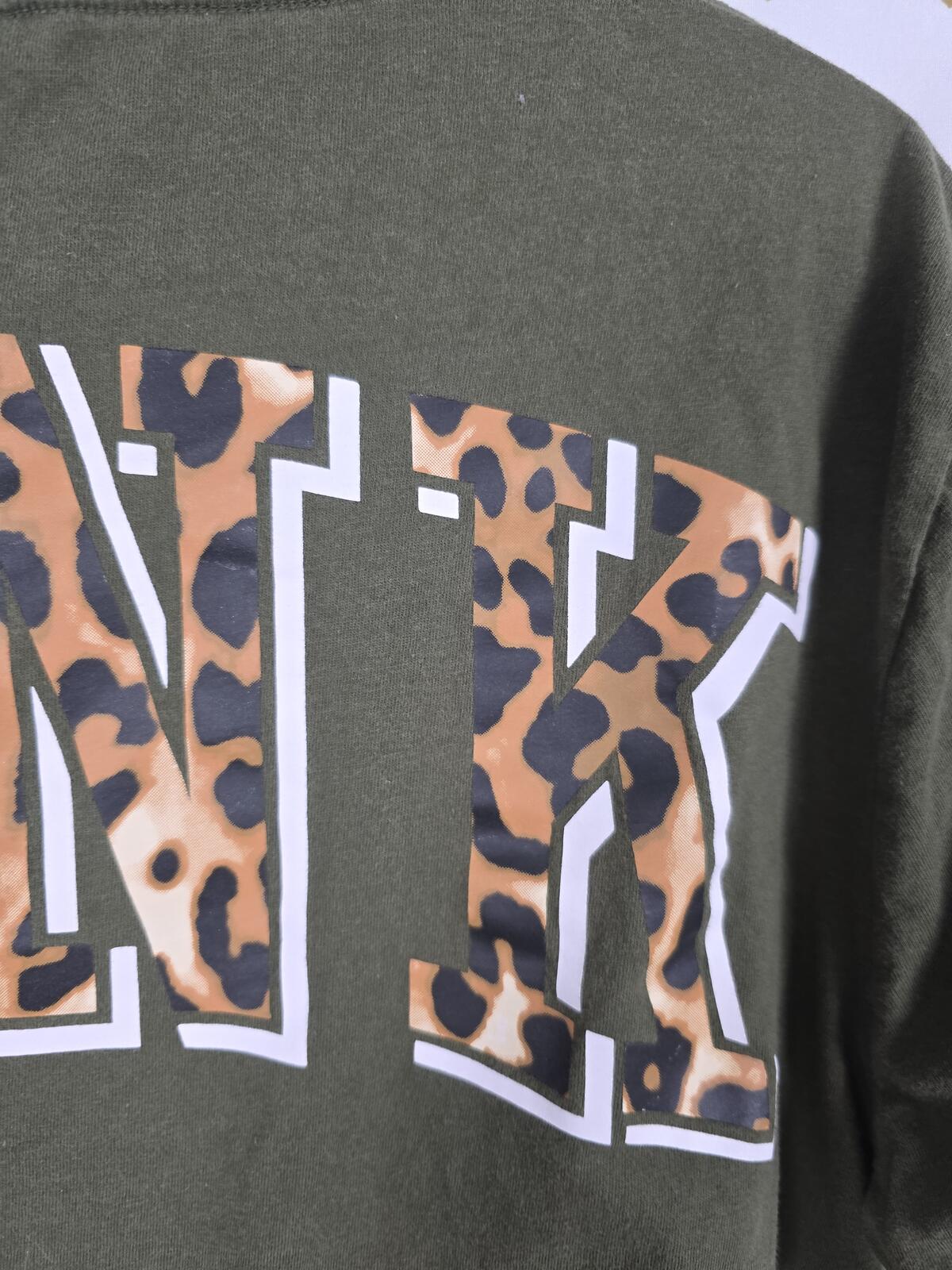 Victorias Secret PINK Leopard Cheetah pocket Green Tee shirt logo back LARGE