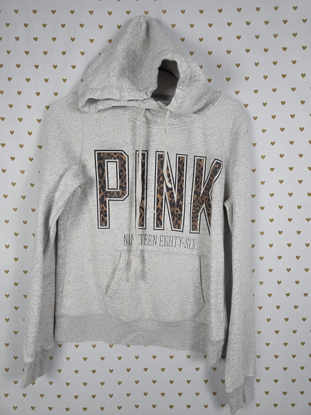 Victorias Secret Pink Cheetah Leopard Hoodie Sweater Pullover Grey MEDIUM
