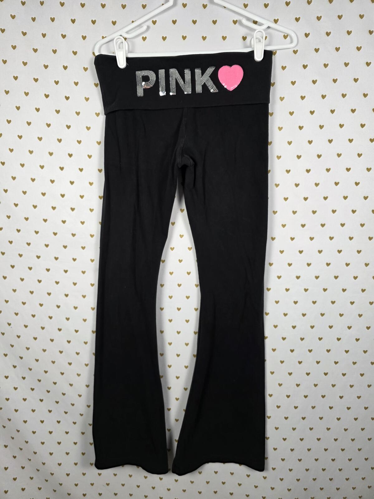 Victorias Secret PINK BLING heart FOLDOVER Yoga Pants FLARE Campus Originals SM