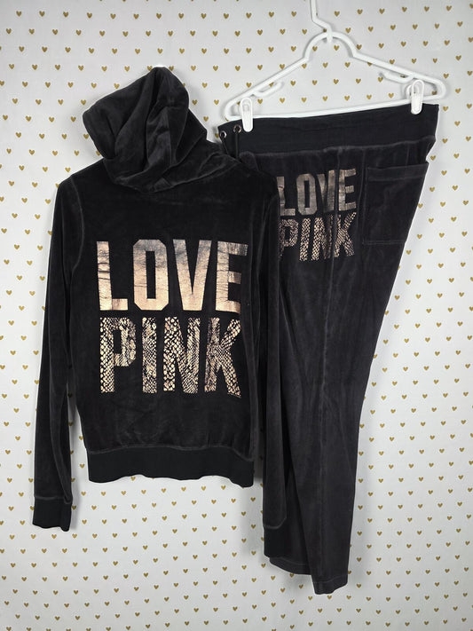 Victoria's Secret PINK Velour Tracksuit Set Hoodie Pants Rose Gold LOVE Y2K M