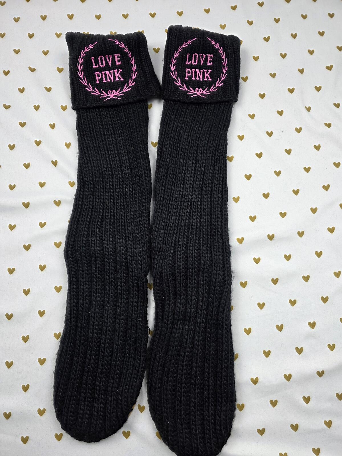 Victoria's Secret PINK Slipper Socks Booties Black Knit LOVE PINK Embroidered SM