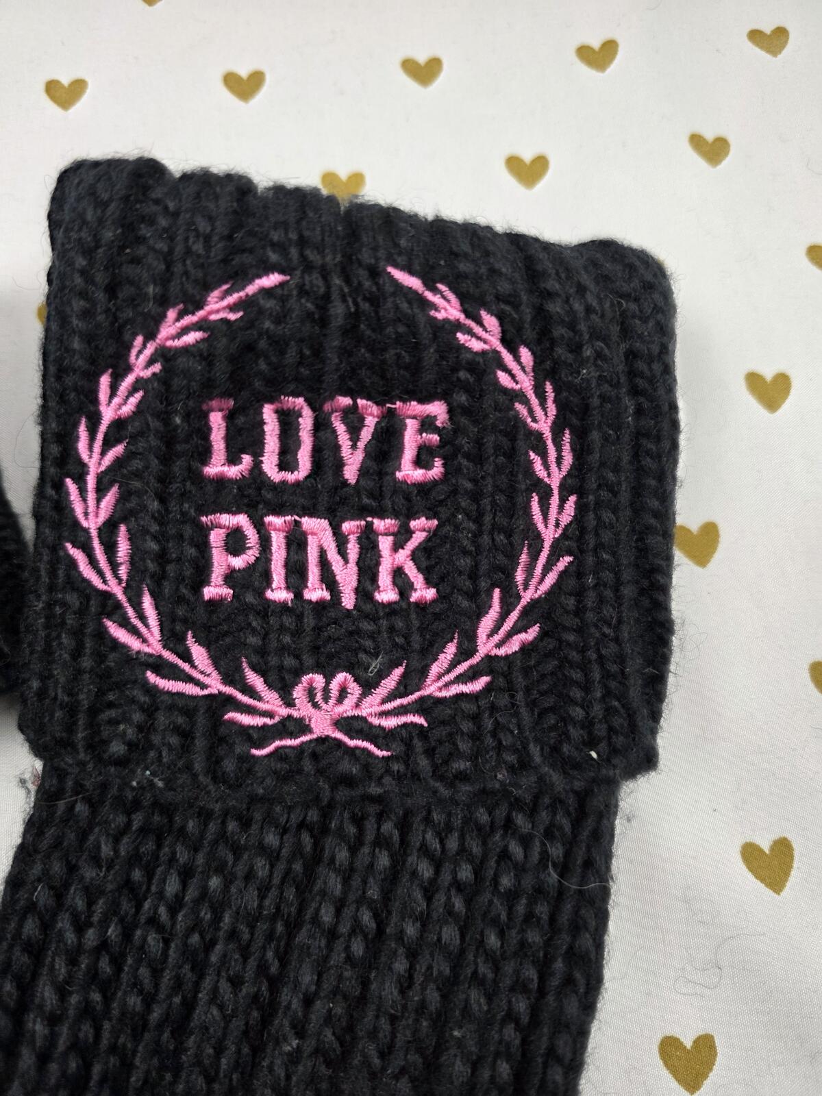 Victoria's Secret PINK Slipper Socks Booties Black Knit LOVE PINK Embroidered SM