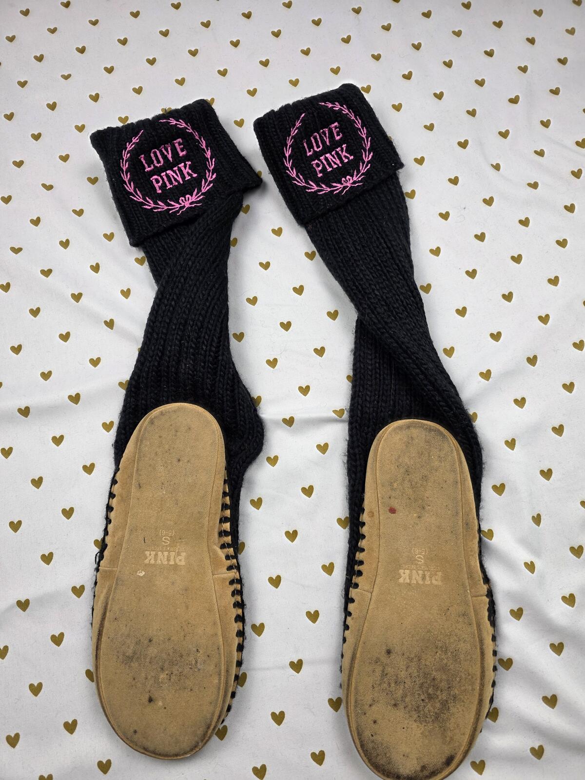 Victoria's Secret PINK Slipper Socks Booties Black Knit LOVE PINK Embroidered SM