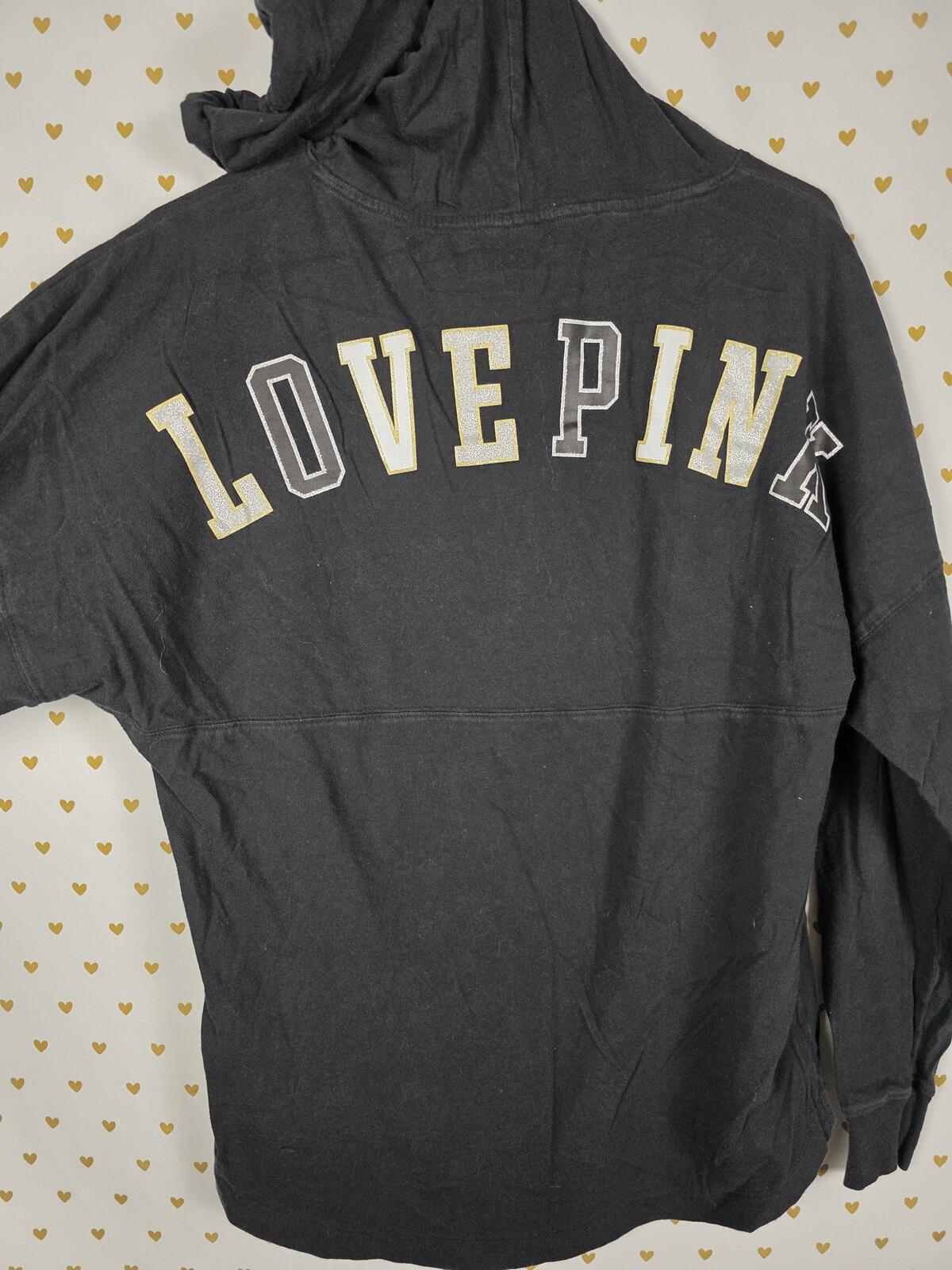 Victorias Secret Pink Gold Glitter Hooded Long sleeve tee Shirt Black XS oversz