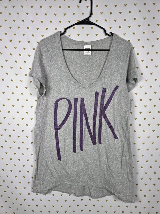 Victorias Secret PINK Purple GLITTER BLING Logo oversized tee shirt MEDIUM