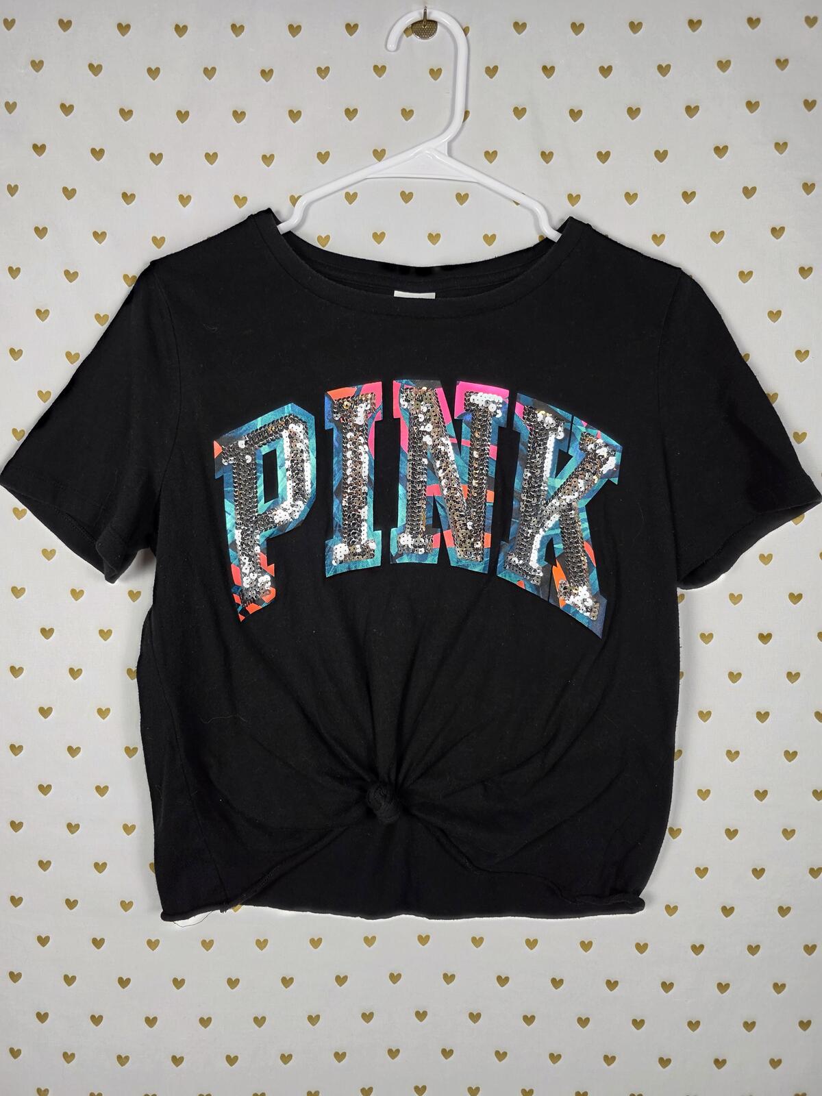 Victorias Secret PINK BLING logo cropped sequined tee shirt MEDIUM