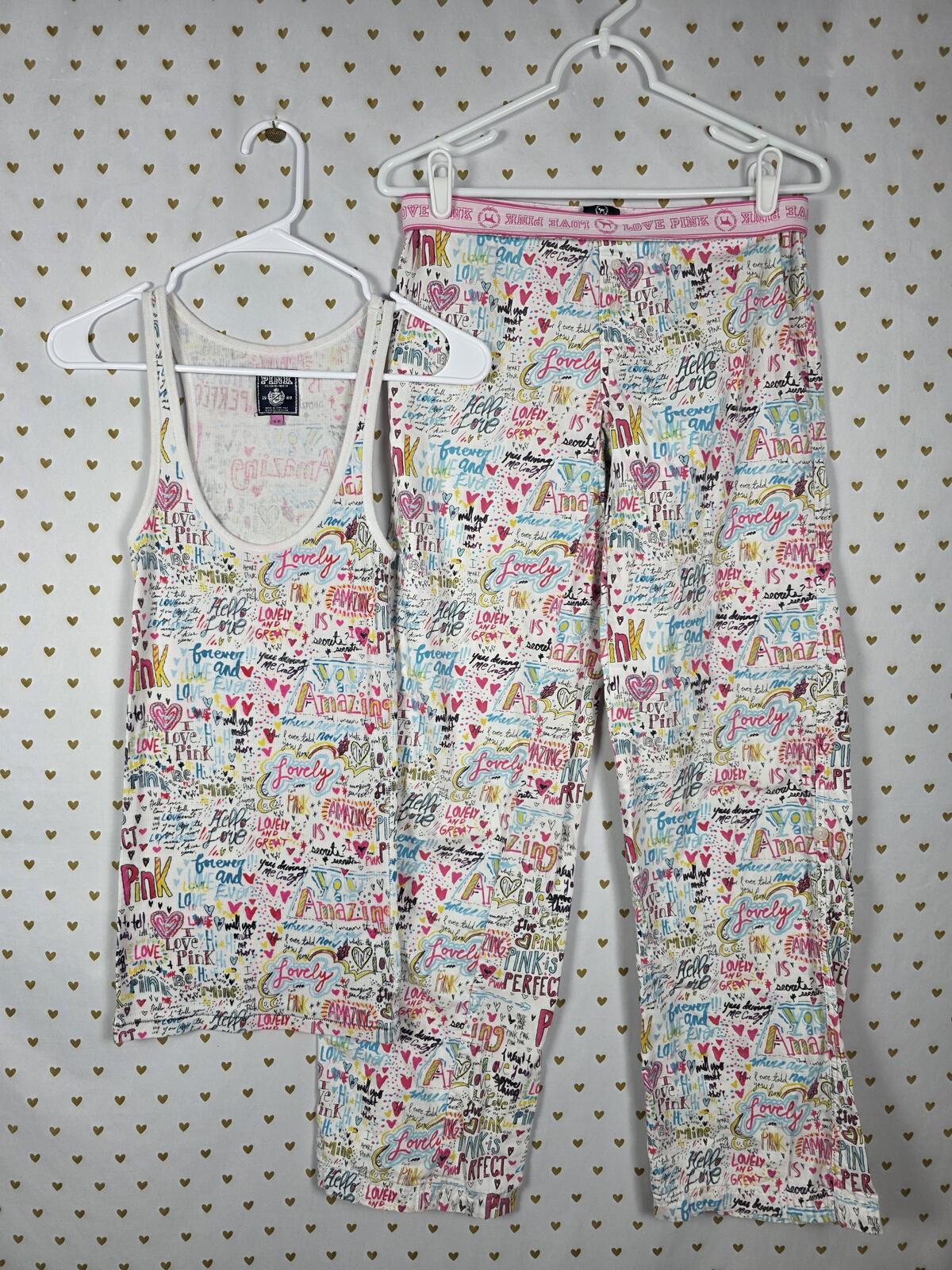 PINK Victoria's Secret HTF Sleep Set Tank Top Pants Graffiti Hearts Y2K RARE