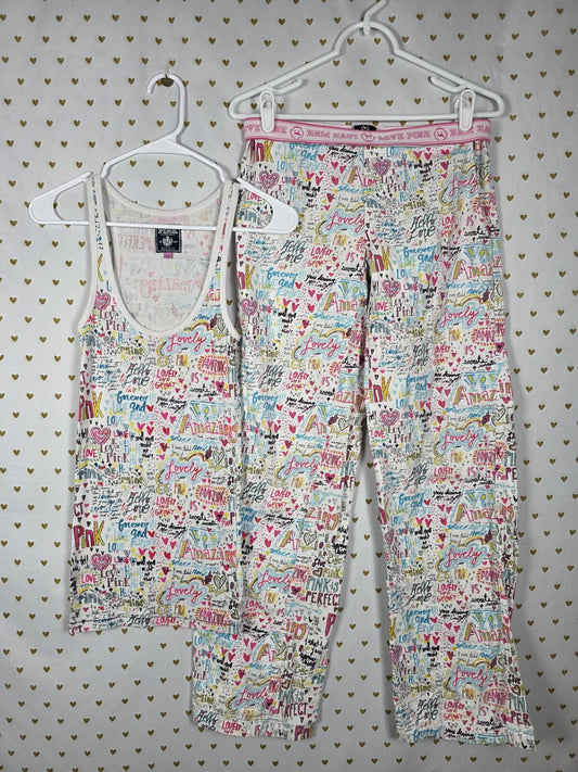 PINK Victoria's Secret HTF Sleep Set Tank Top Pants Graffiti Hearts Y2K RARE