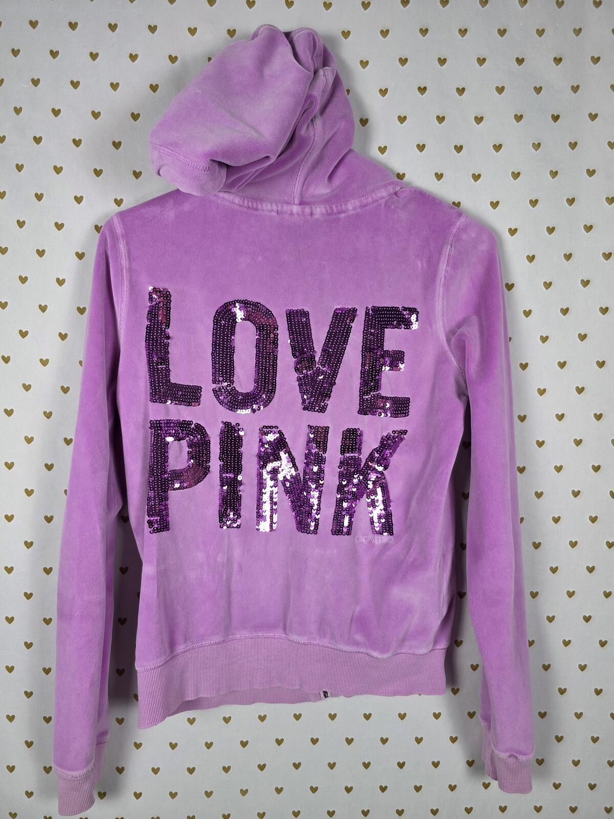 Victorias Secret Pink Vintage PURPLE Velour Bling Full Zip Sequined Hoodie SMALL