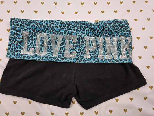 PINK Victoria's Secret Bling Foldover Yoga Shorts Blue Leopard LOVE BLING Y2k S