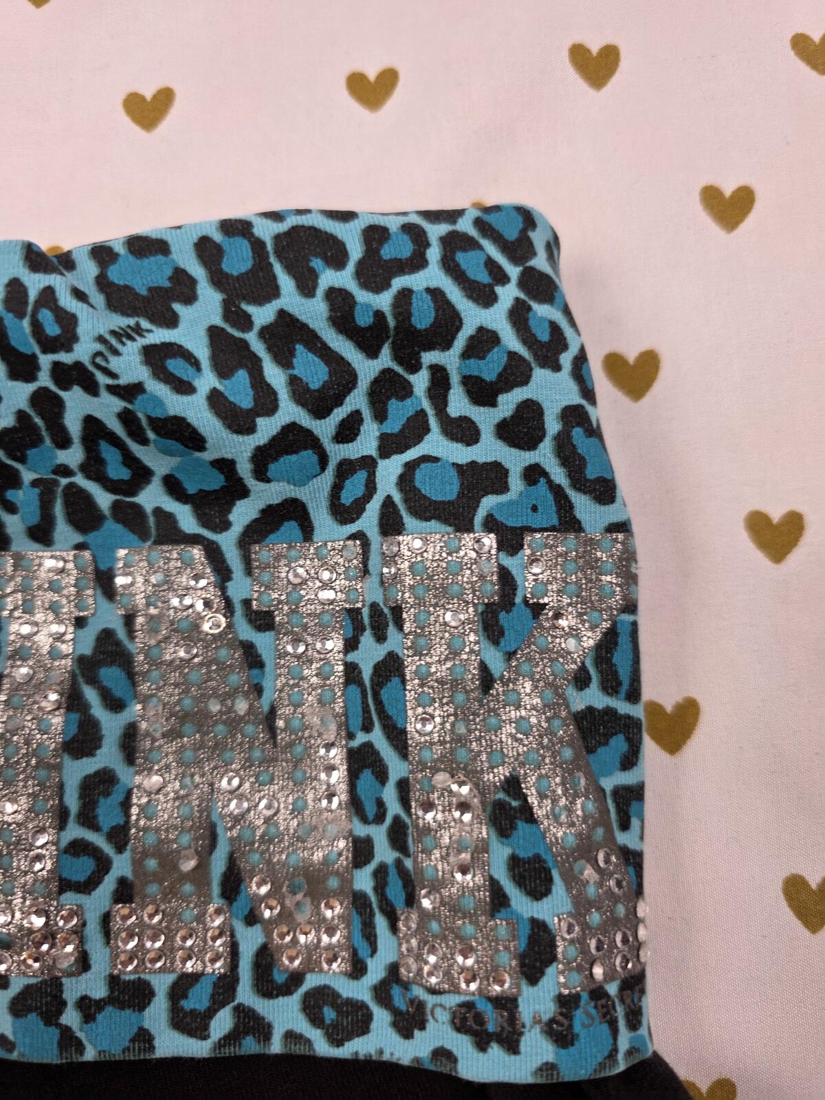 PINK Victoria's Secret Bling Foldover Yoga Shorts Blue Leopard LOVE BLING Y2k S