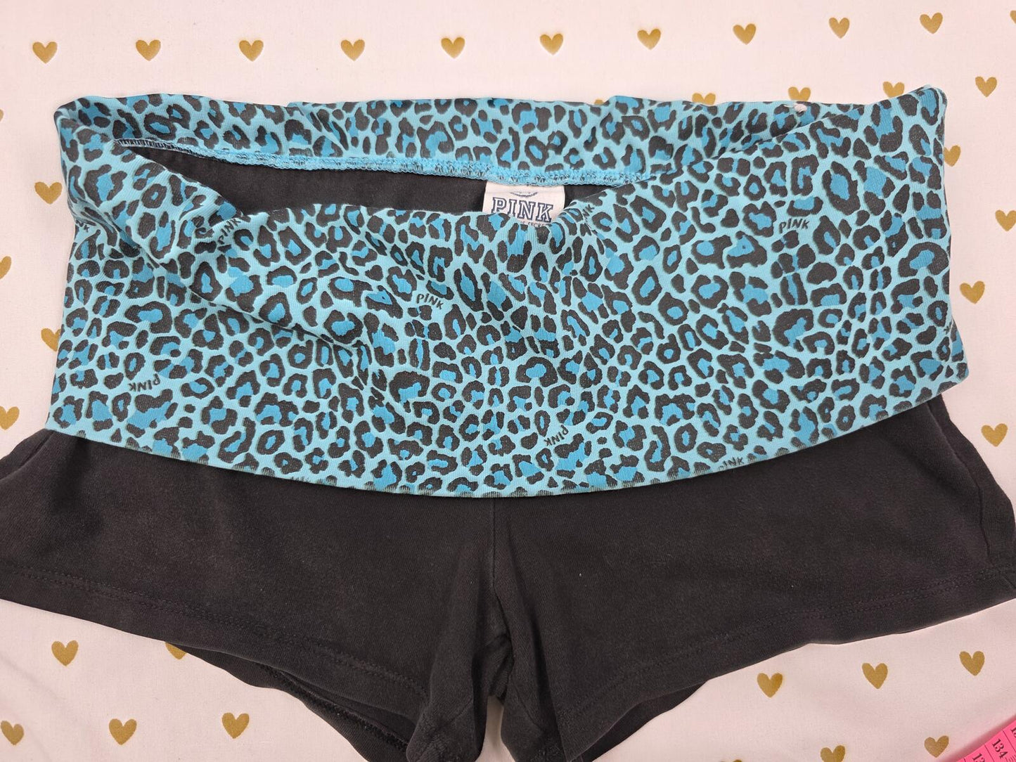PINK Victoria's Secret Bling Foldover Yoga Shorts Blue Leopard LOVE BLING Y2k S