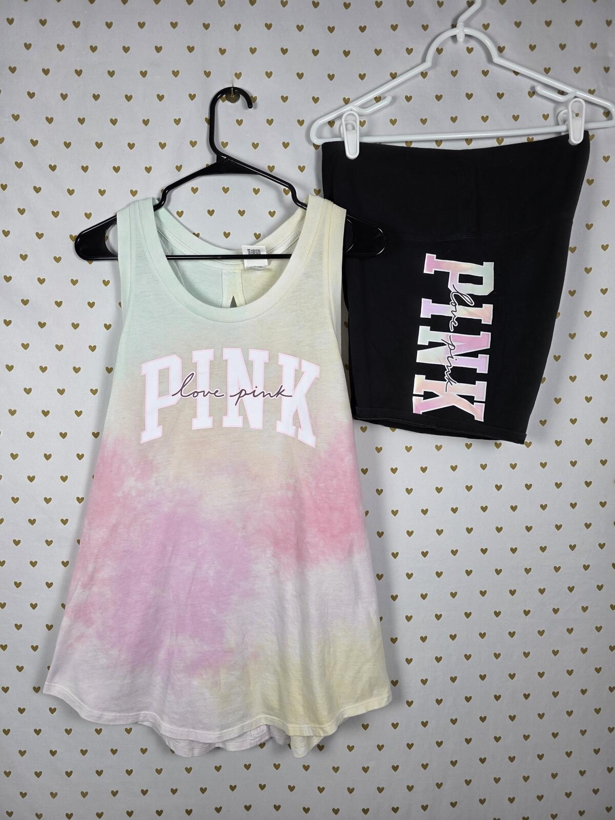 Victorias Secret PINK Watercolor Open Back Logo Tank Top Bike Shorts SET LARGE