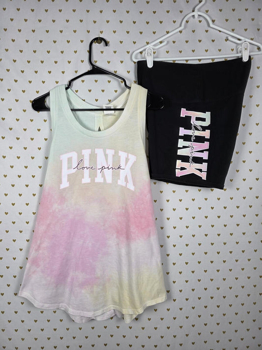 Victorias Secret PINK Watercolor Open Back Logo Tank Top Bike Shorts SET LARGE