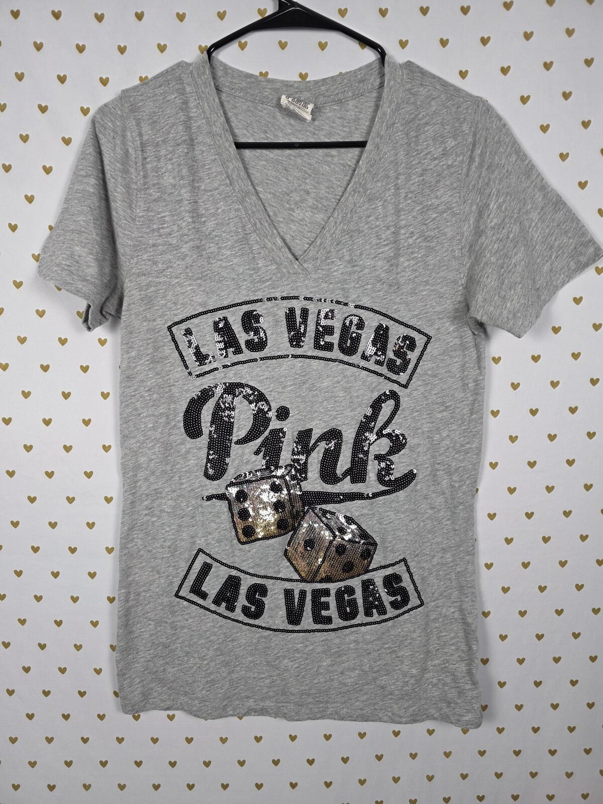 Victorias Secret PINK BLING LAS VEGAS Dice tee shirt Logo V Neck Tee Small
