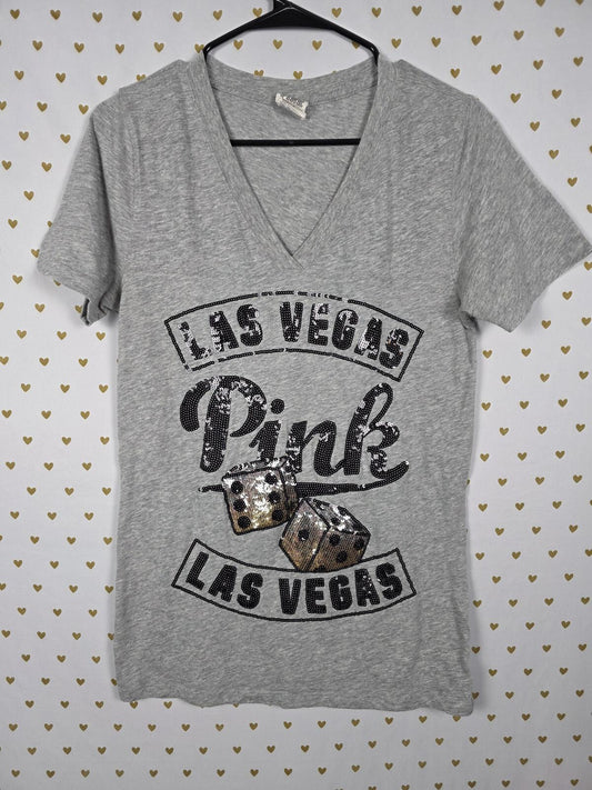 Victorias Secret PINK BLING LAS VEGAS Dice tee shirt Logo V Neck Tee Small