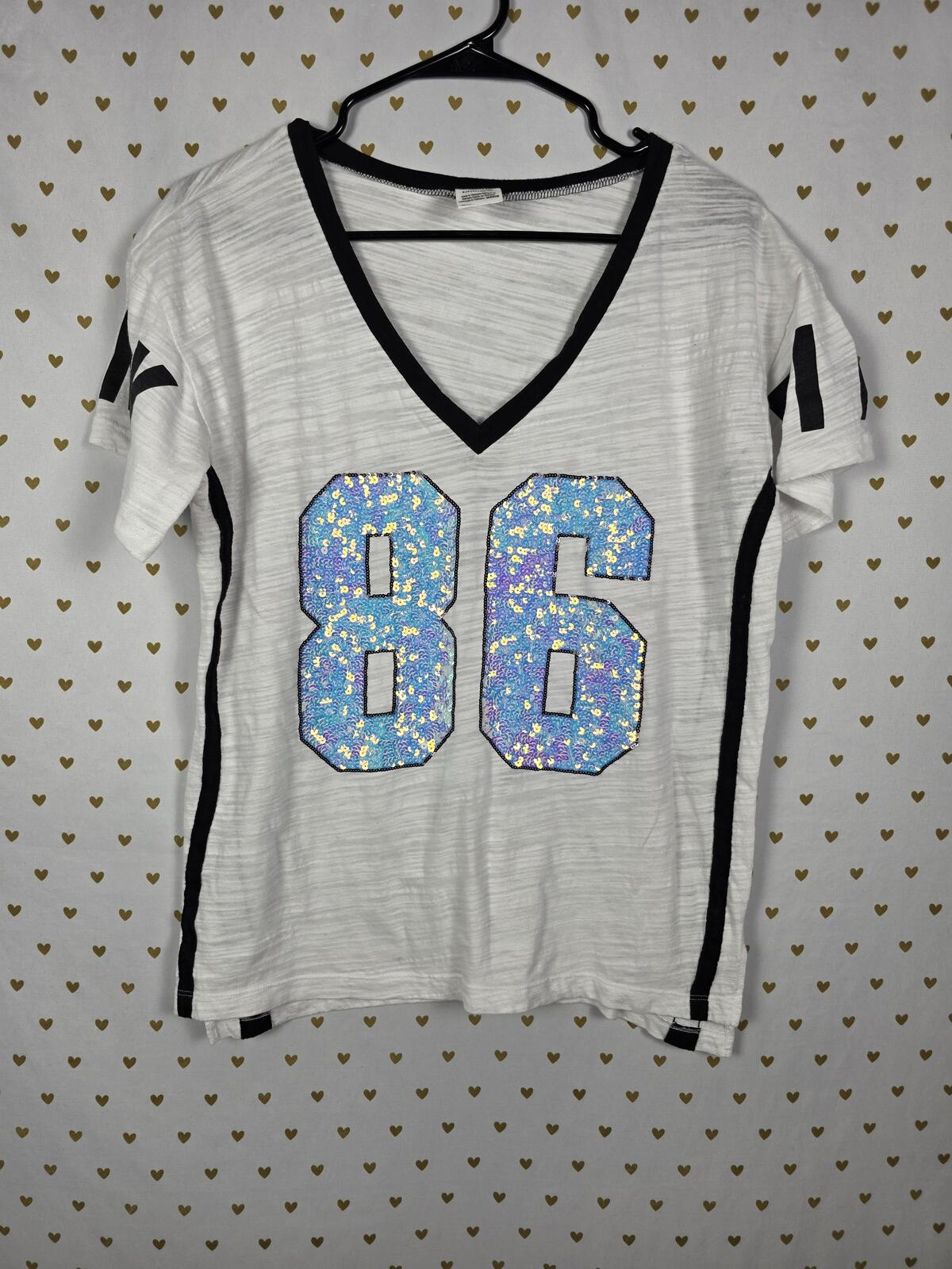 Victorias Secret PINK Mermaid BLING Sequined V neck tee shirt 86 Small Oversized
