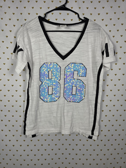 Victorias Secret PINK Mermaid BLING Sequined V neck tee shirt 86 Small Oversized