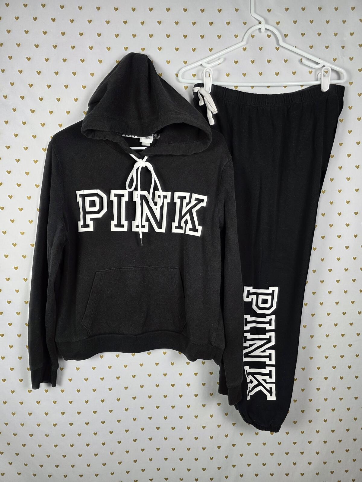 Victorias Secret Pink Logo Hoodie Sweats Joggers SET 2pc Outfit LARGE