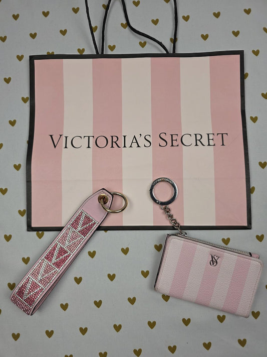 Victoria Secret BLING wristlet strap keychain LOGO Rhinestone wallet SET