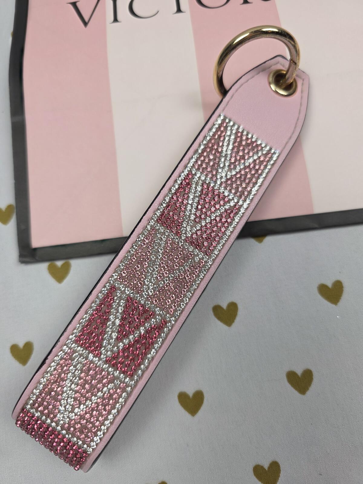 Victoria Secret BLING wristlet strap keychain LOGO Rhinestone wallet SET