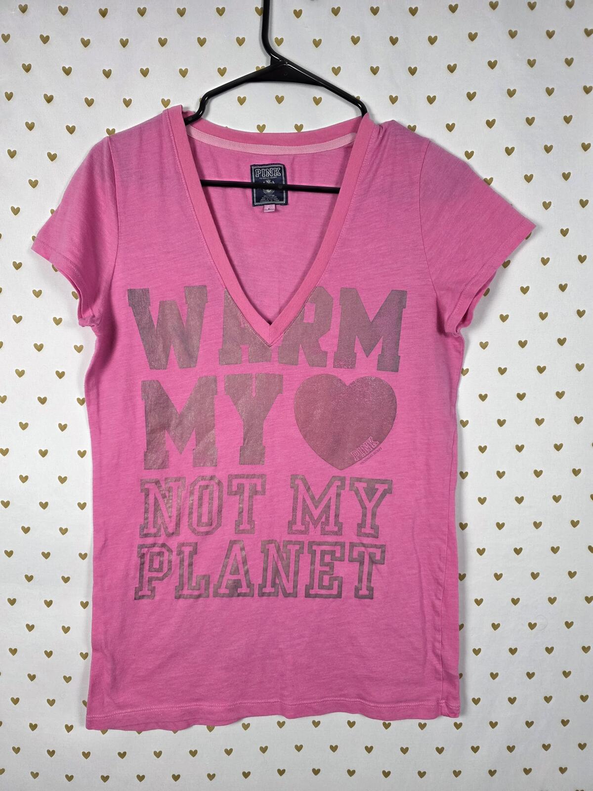 Victorias Secret PINK WARM MY HEART NOT MY PLANET V neck tee shirt LARGE VTG