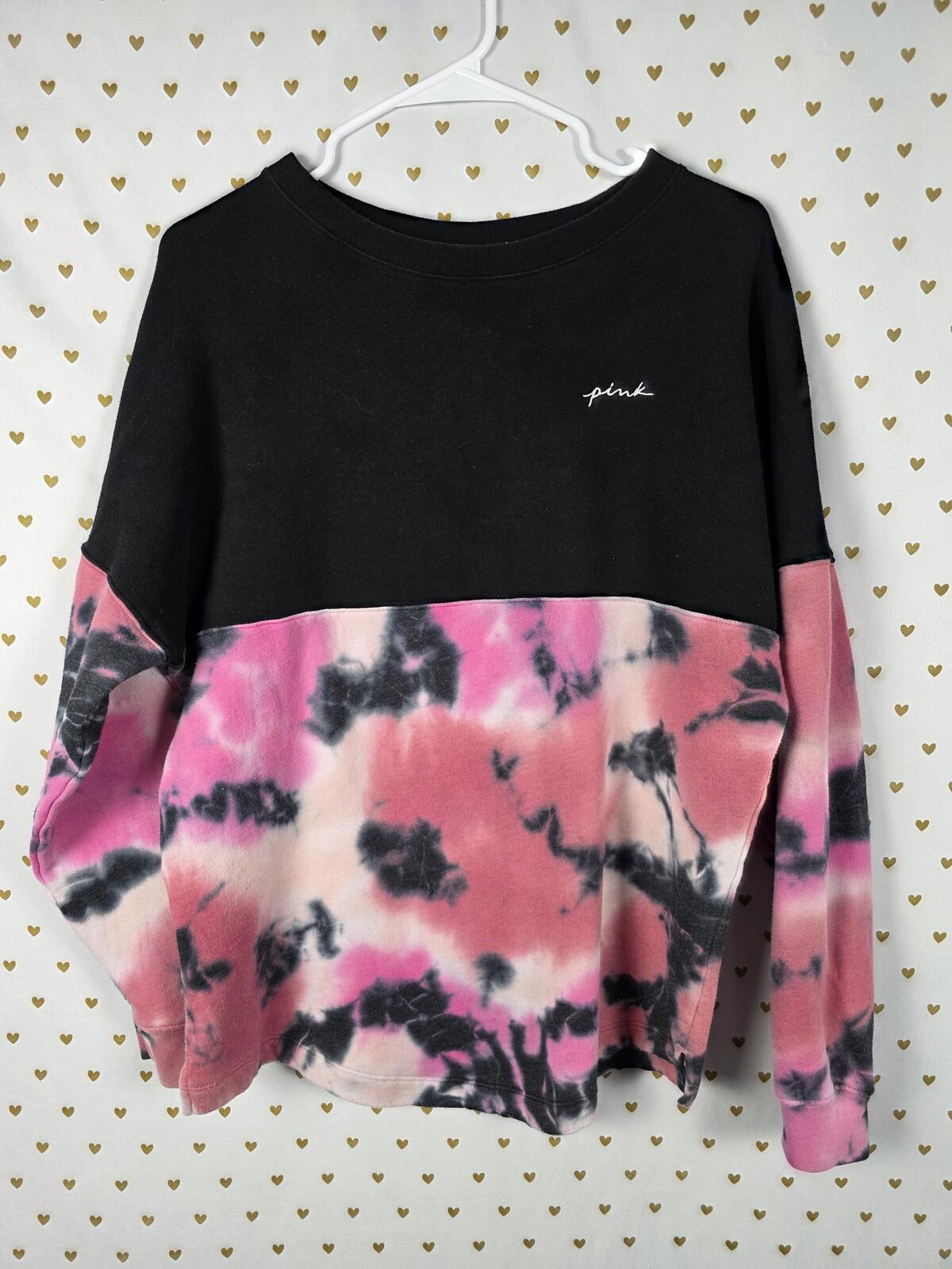 Victorias Secret Pink Embroidered Oversized Colorblock Tye Dye Sweater Shirt SM