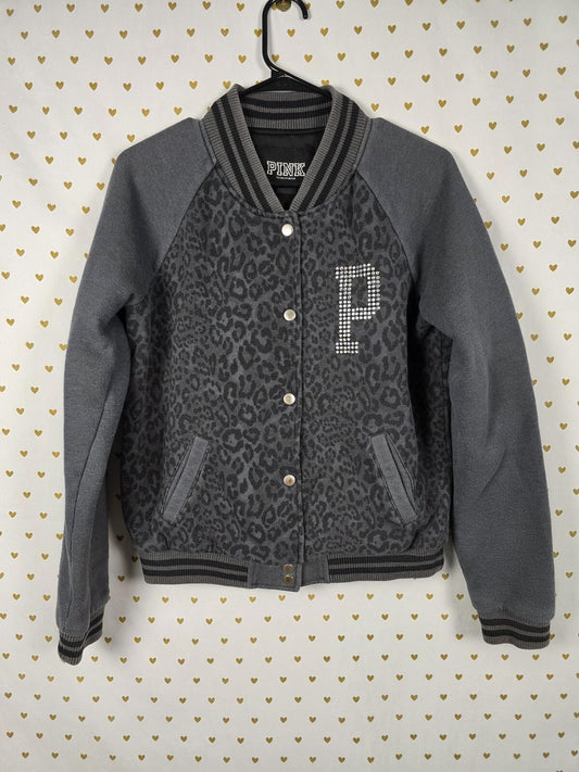 Victorias Secret Pink BLING CHEETAH LEOPARD Logo Varsity Bomber MEDIUM