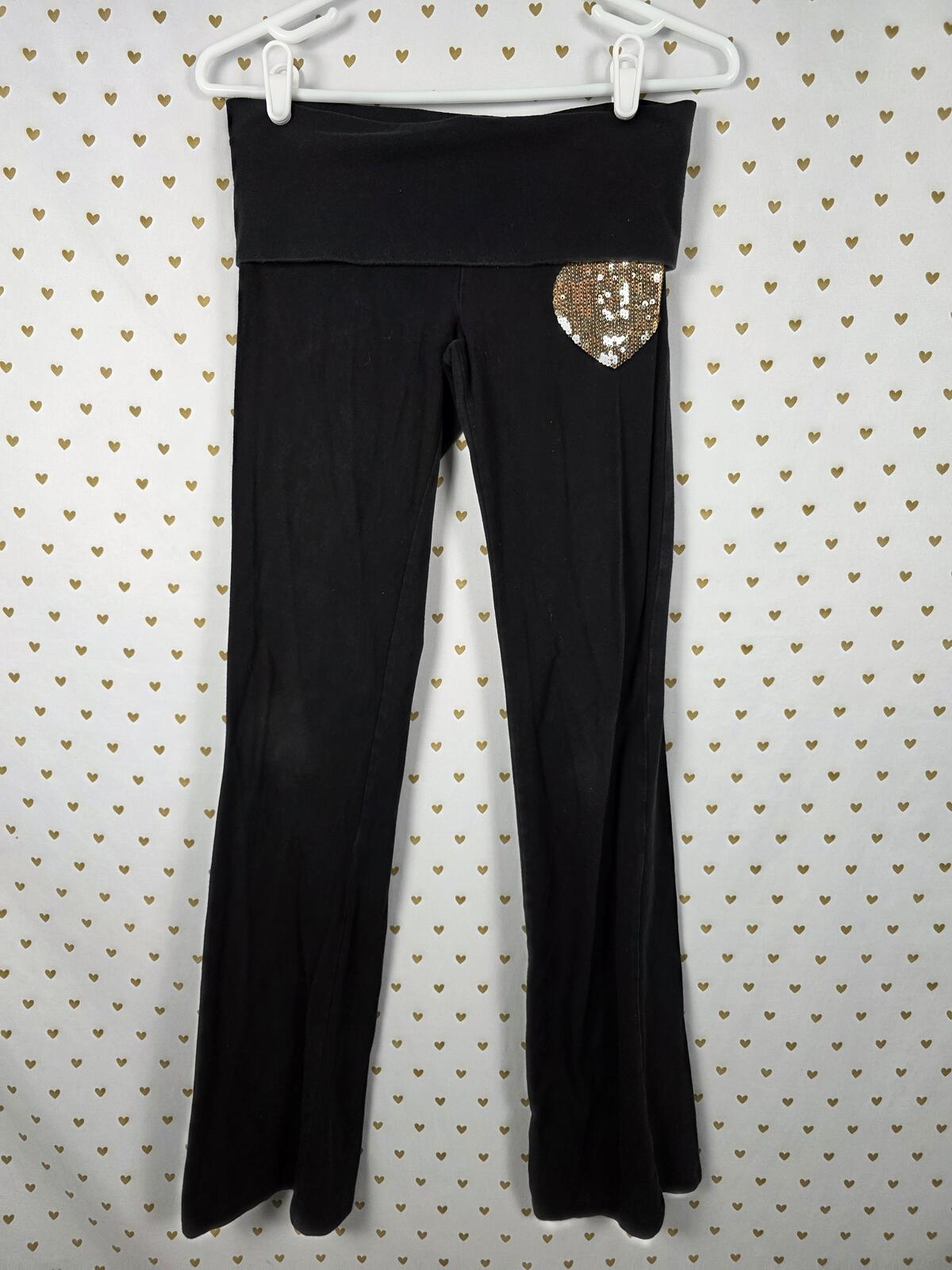 Victorias Secret PINK Gold Bling Vintage Foldover Yoga Pants Flare Heart SMALL