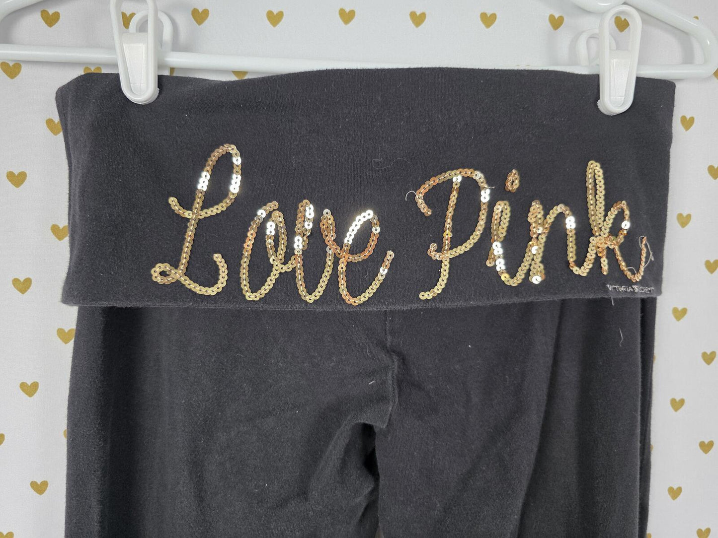 Victorias Secret PINK Gold Bling Vintage Foldover Yoga Pants Flare Heart SMALL