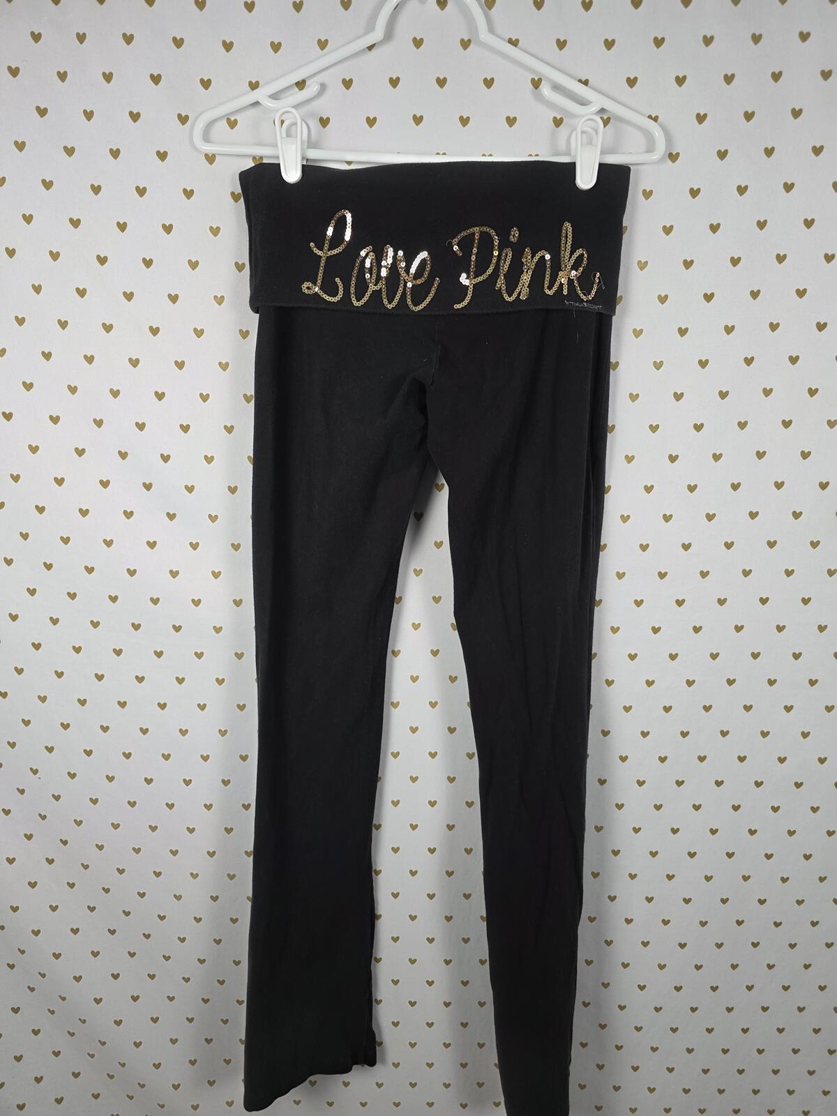 Victorias Secret PINK Gold Bling Vintage Foldover Yoga Pants Flare Heart SMALL