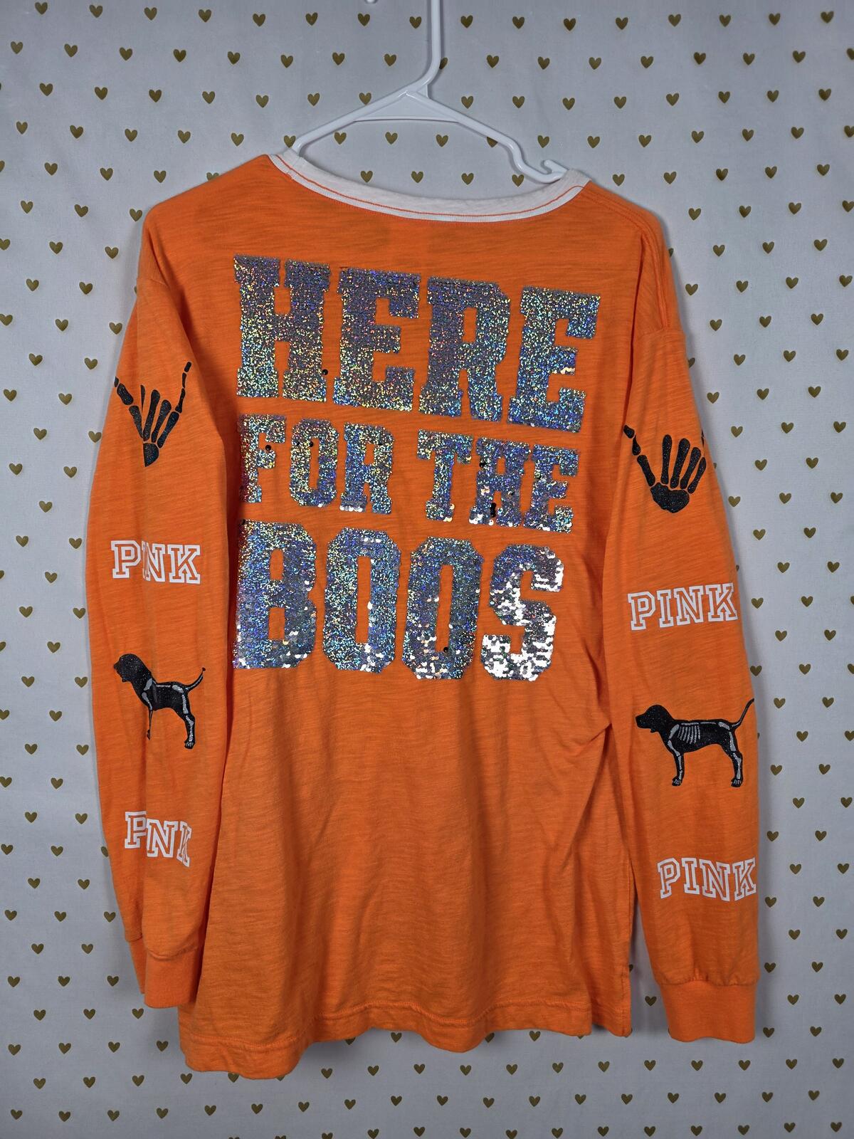 Victorias Secret PINK HTF HALLOWEEN Here for the BOOS BLING Tee Lace front LARGE