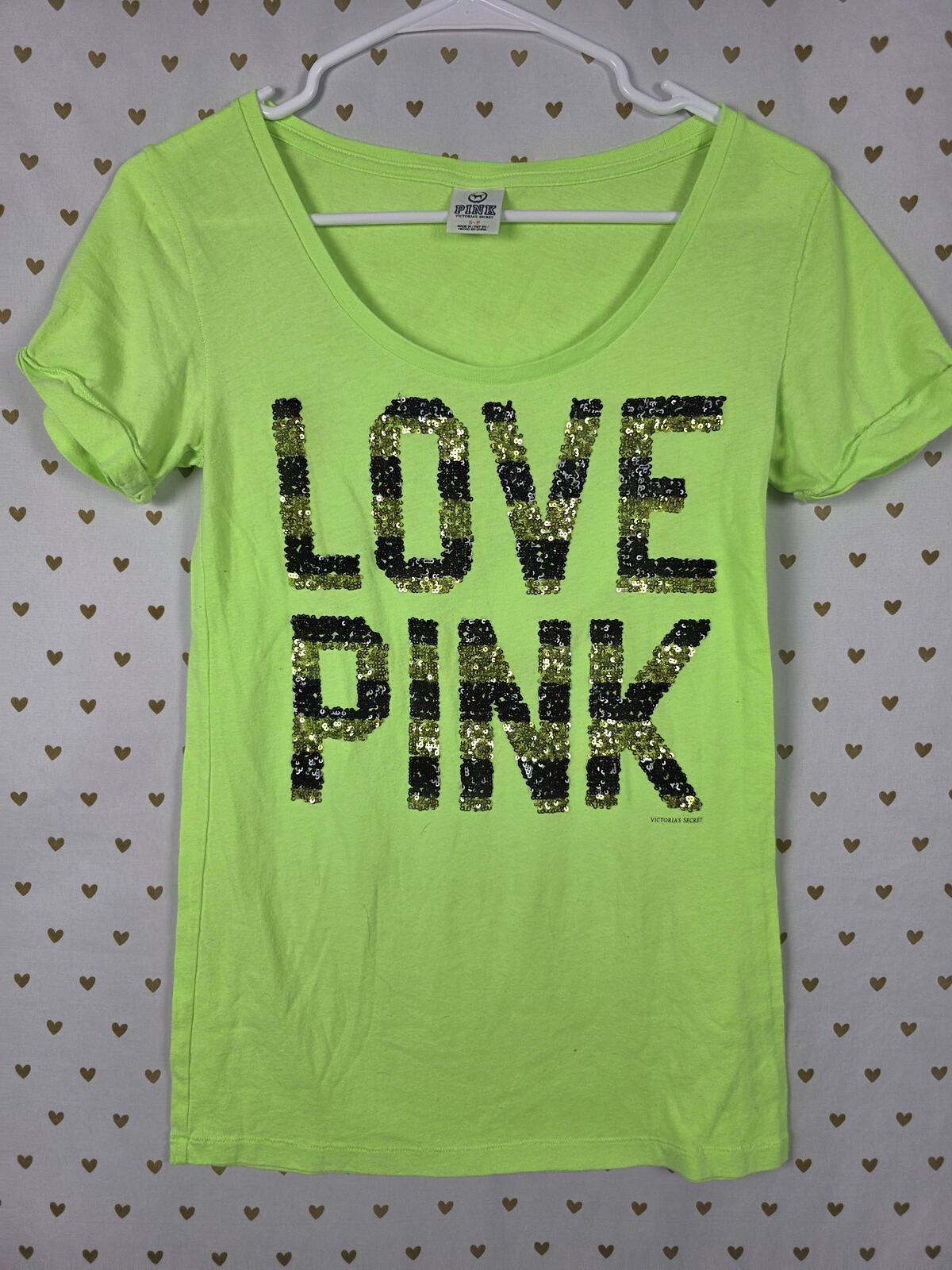 Victorias Secret PINK BLING Striped Neon Sequined vintage Tee shirt SMALL