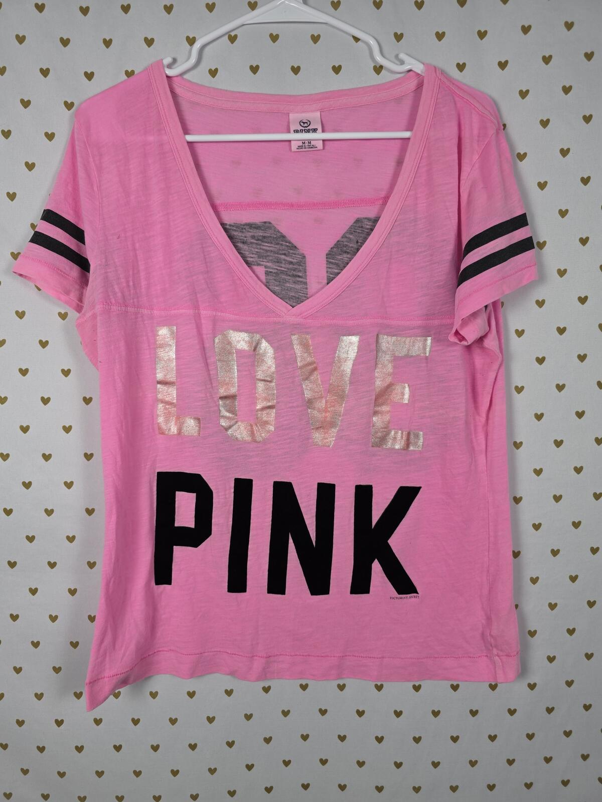 Victorias Secret PINK  LOVE Vintage V neck Tee Shirt MEDIUM Y2k