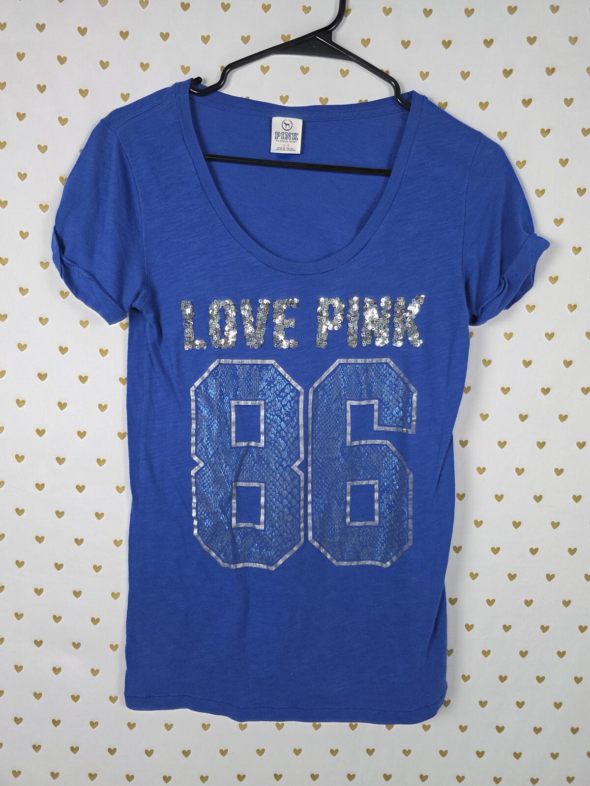Victorias Secret PINK V Neck Blue Vintage 86 Tee Shirt Y2k Bling Snake Print SM