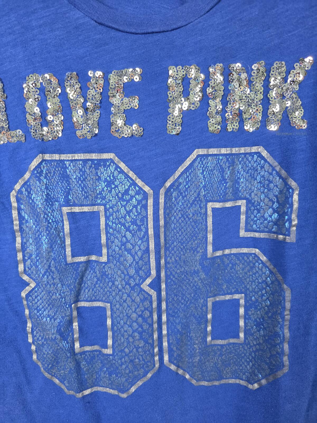 Victorias Secret PINK V Neck Blue Vintage 86 Tee Shirt Y2k Bling Snake Print SM