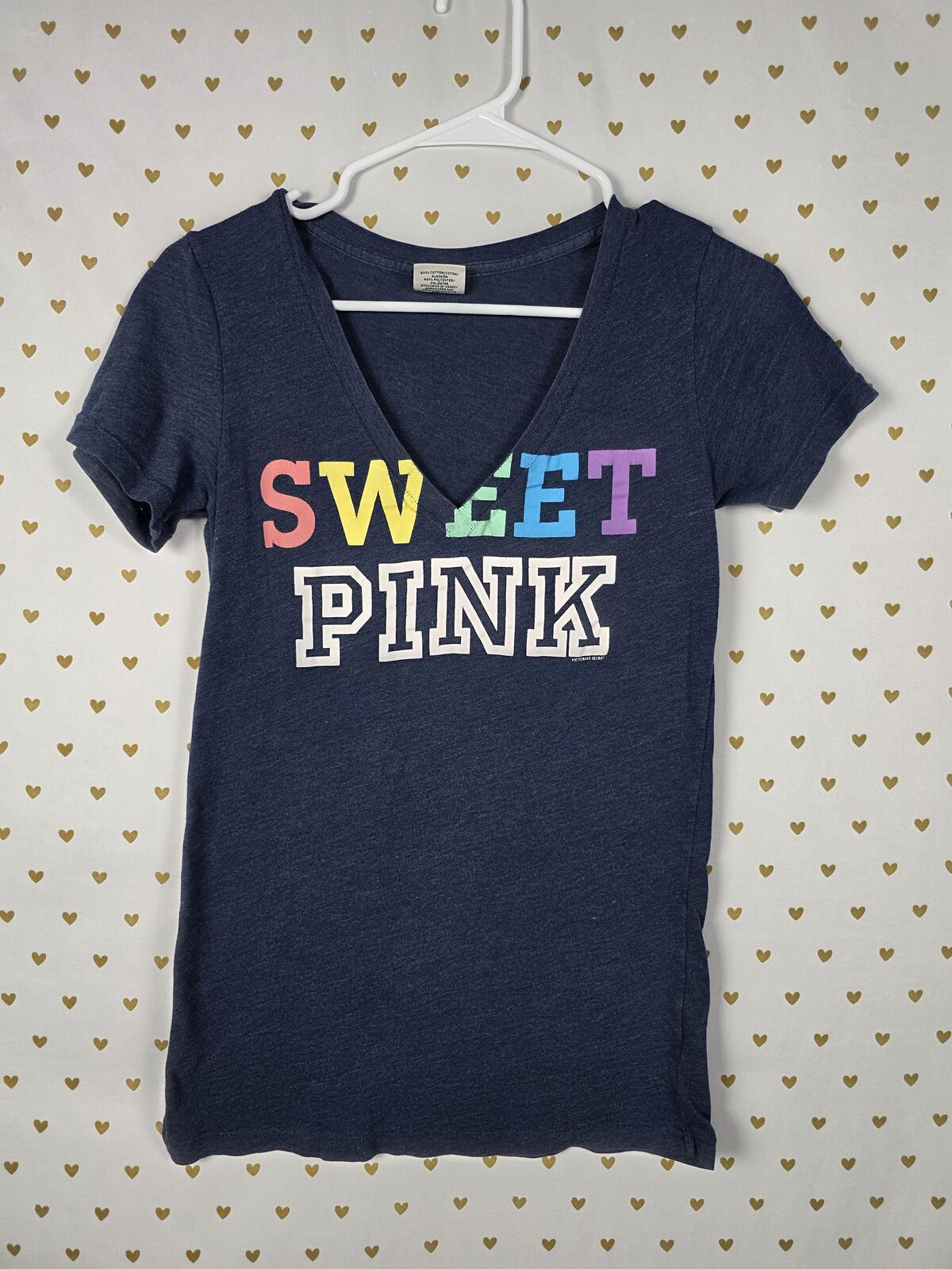 Victorias Secret PINK SWEET Vintage Y2k Rainbow V neck Tee shirt Small Cotton