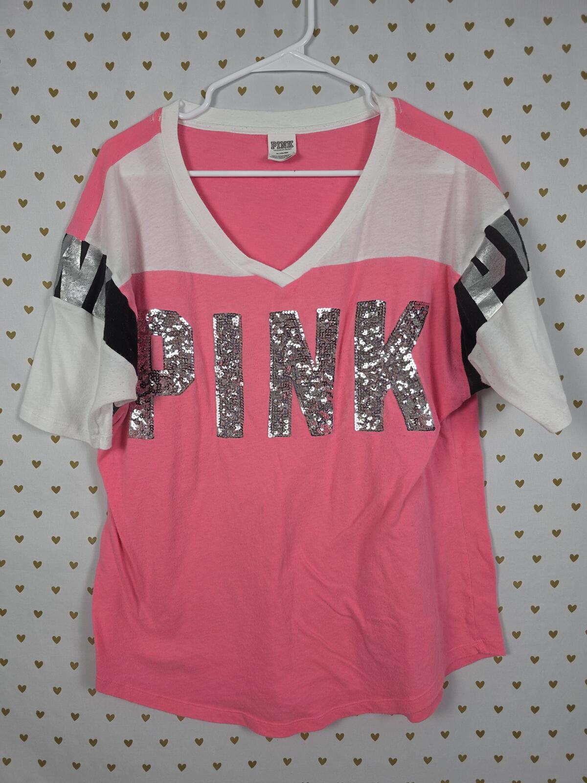 Victorias Secret PINK Oversized BLING Sequined V neck colorblock tee shirt MED