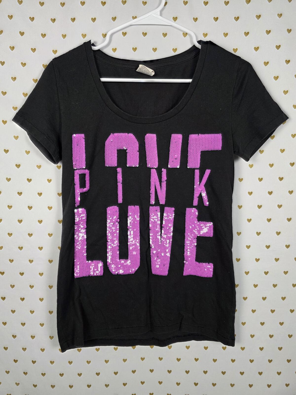 Victorias Secret PINK Vintage LOVE Bling Sequined Logo tee shirt MEDIUM
