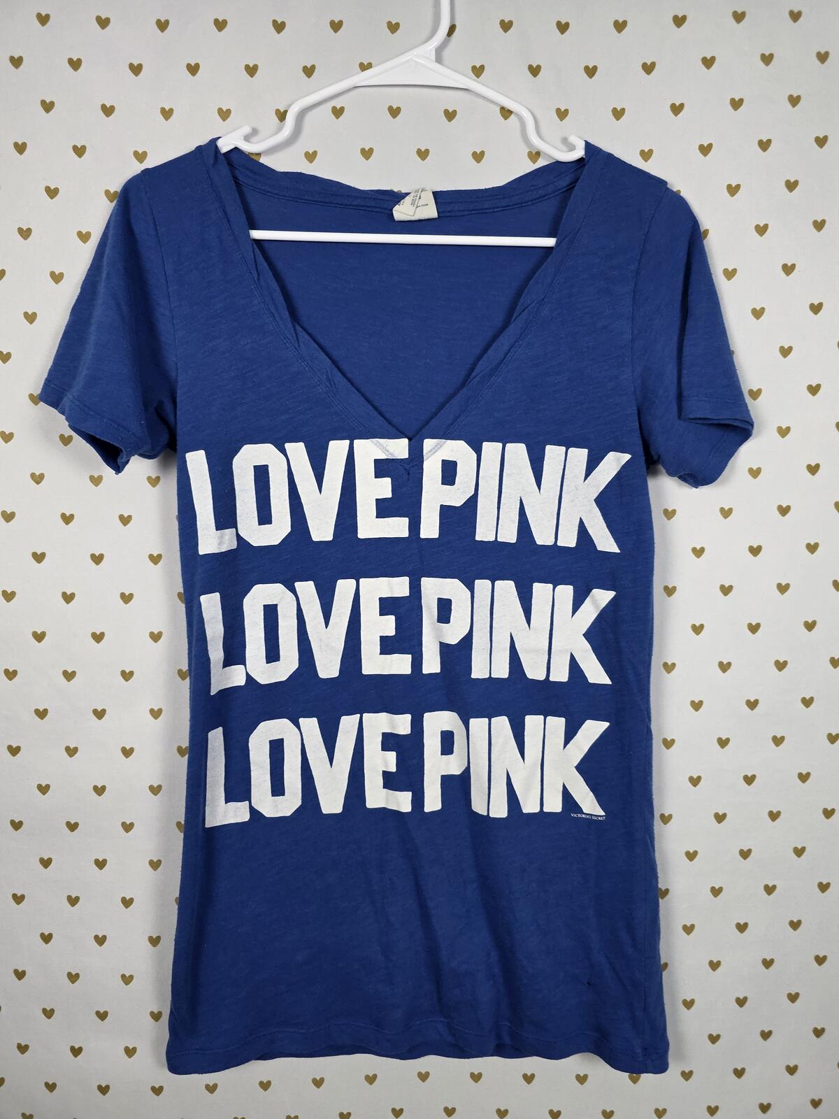 Victorias Secret PINK LOVE Vintage V neck Blue Y2k Tee shirt Small