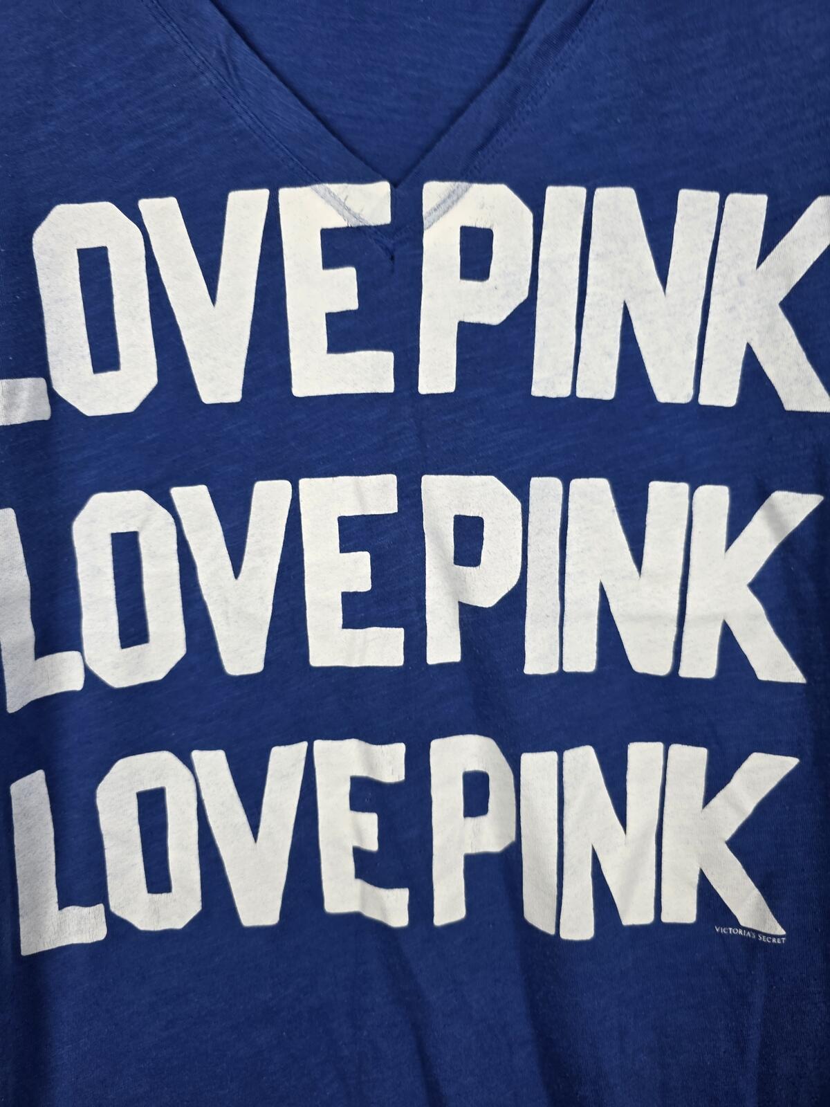 Victorias Secret PINK LOVE Vintage V neck Blue Y2k Tee shirt Small