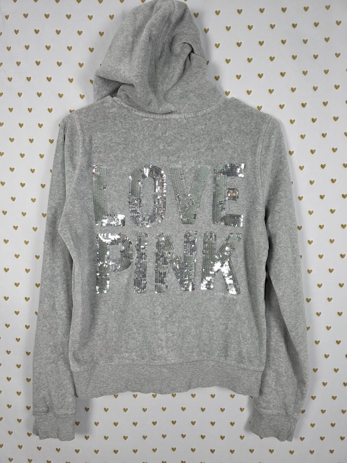 Victorias Secret Pink medium Grey VELOUR Bling LOVE Sequined Full Zip Jacket
